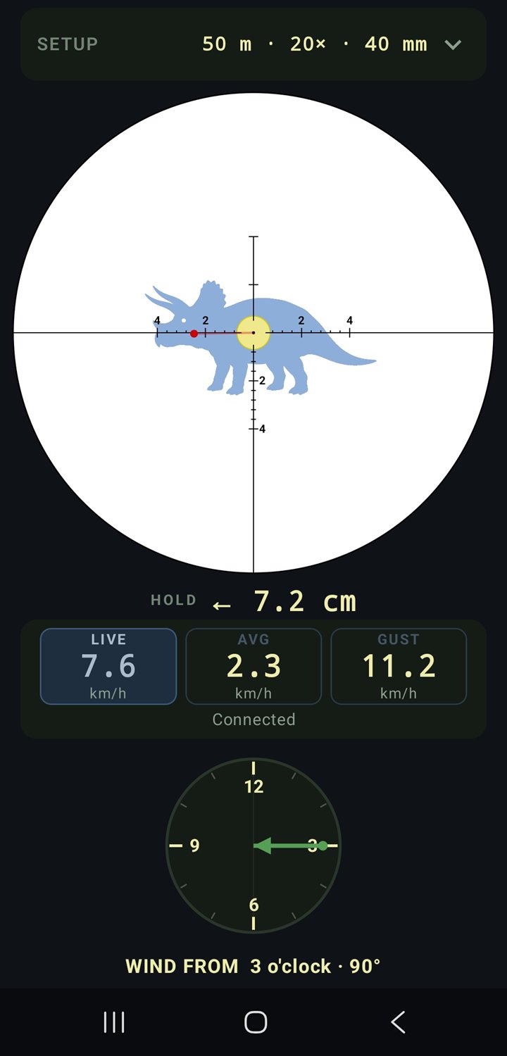 Live field practice: real anemometer wind (live, average, gust) computing holdover on the reticle