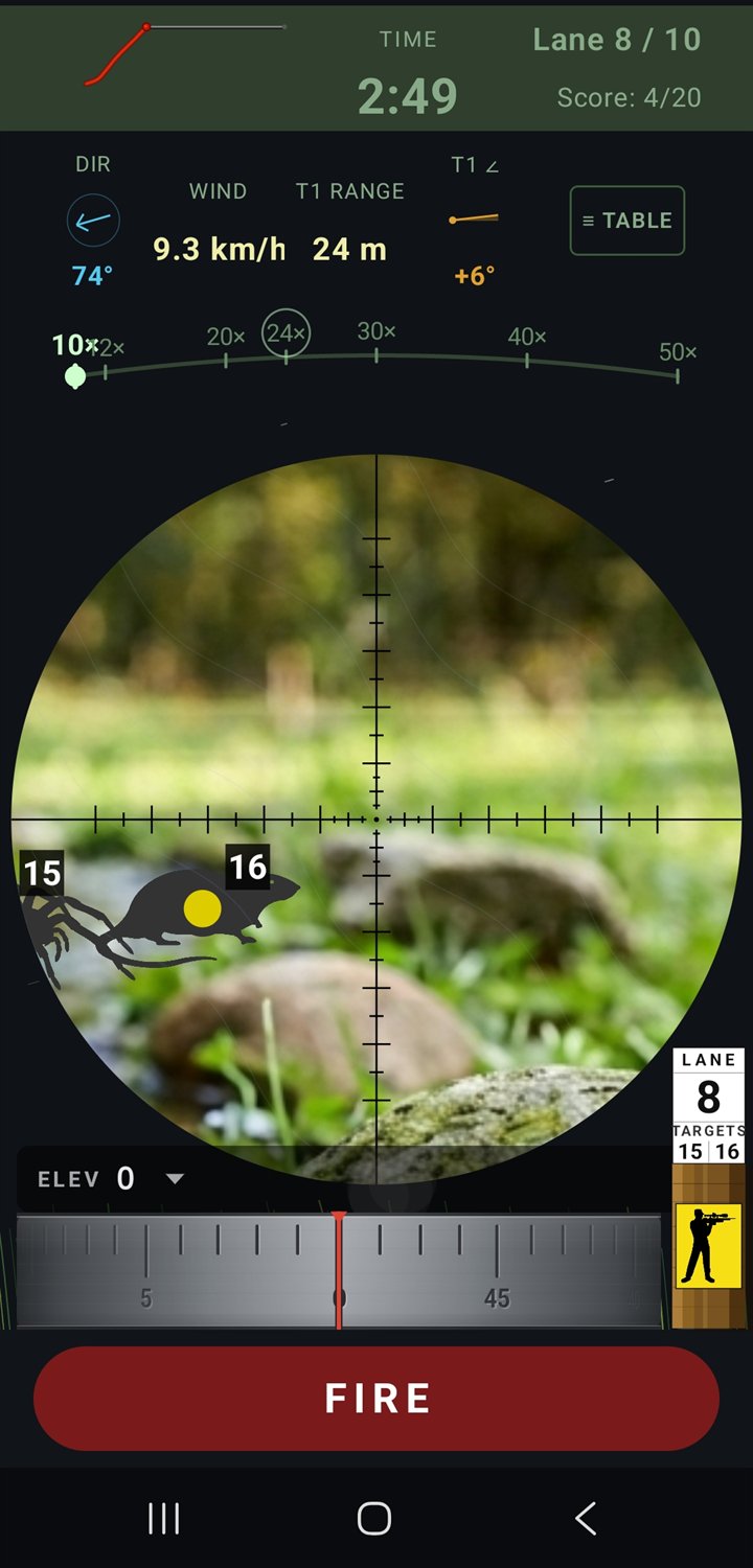 WindMaster Field Target scope view: reticle over a target, live wind and elevation