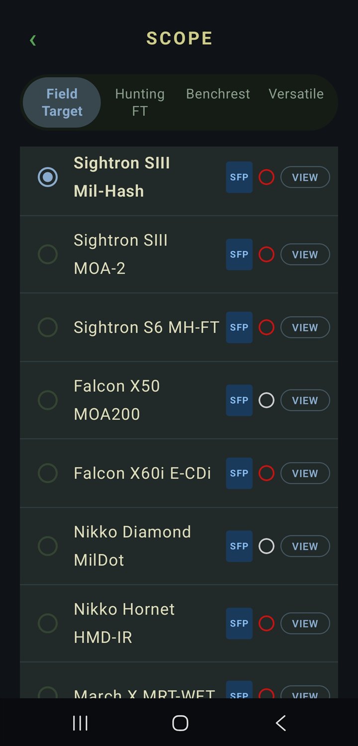 WindMaster scope picker: real reticles from Sightron, Falcon, Nikko and more, with SFP/FFP tags